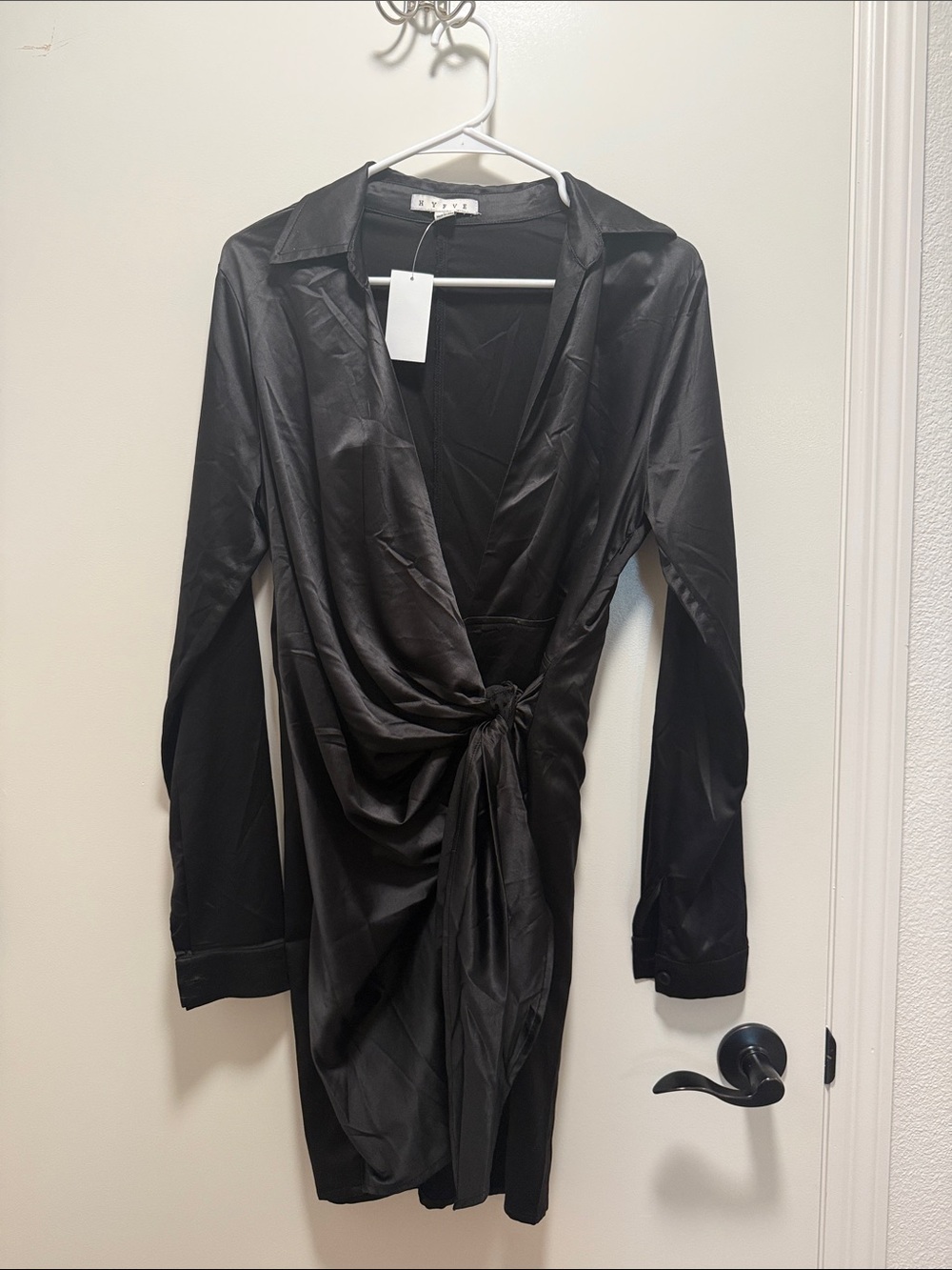 HYFVE Classic Black Satin Wrap Dress with Tie
